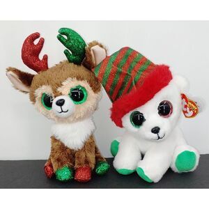 Lot Of 2 Ty Beanie Boos Kinley And Paxton Reindeer Polar Bear Christmas Plush